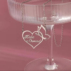 Personalized 2 Names Necklace,Custom Two Name Heart Butterfly Necklace,Personalized Name Pendant,Gift for Mom Wife Girlfriend,Gold or Silver