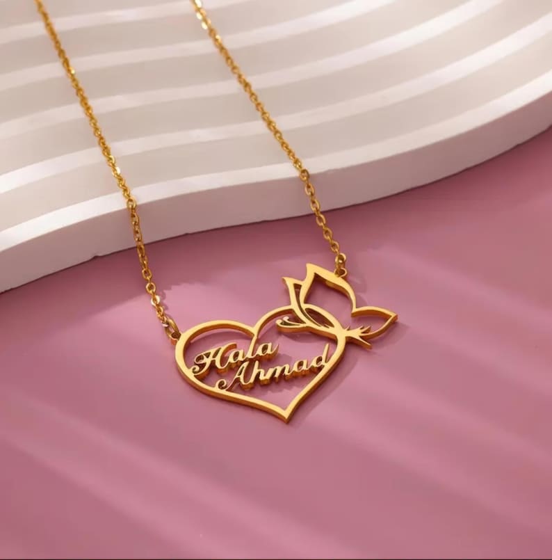 Personalized Two Name Necklace, Custom 2 Names Heart Butterfly Pendant, Double Name Jewelry, Gift for Mom Wife Girlfriend, Gold or Silver