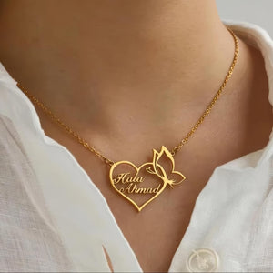 Personalized Two Name Necklace, Custom 2 Names Heart Butterfly Pendant, Double Name Jewelry, Gift for Mom Wife Girlfriend, Gold or Silver