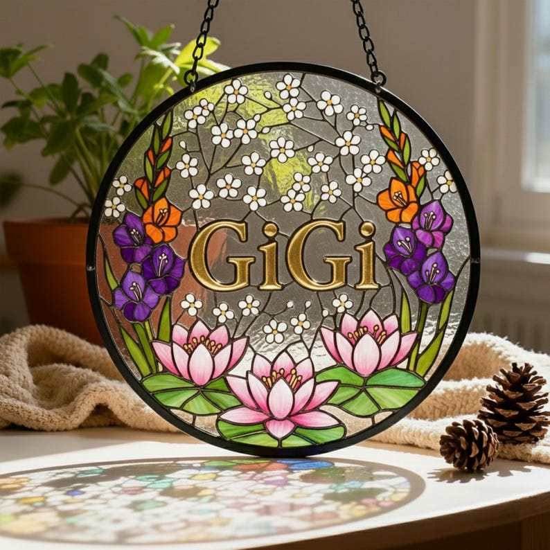 Personalized Floral Stained Glass Suncatcher, Custom Flower Window Hanging Decor With Name, Gift for Mom Grandma Nana