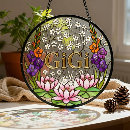 Personalized Floral Stained Glass Suncatcher, Custom Flower Window Hanging Decor With Name, Gift for Mom Grandma Nana