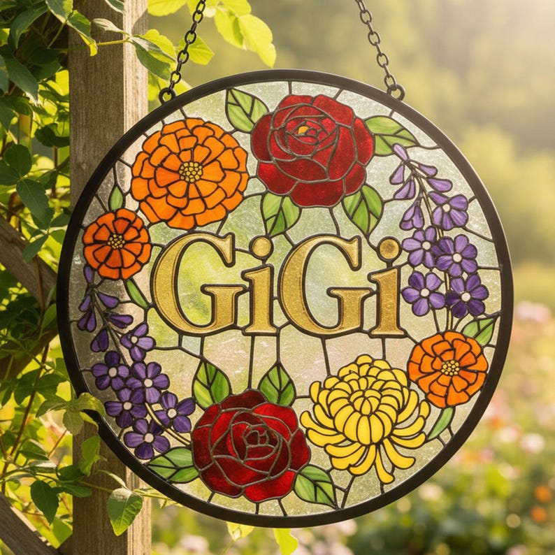 Personalized Floral Stained Glass Suncatcher, Custom Flower Window Hanging Decor With Name, Gift for Mom Grandma Nana