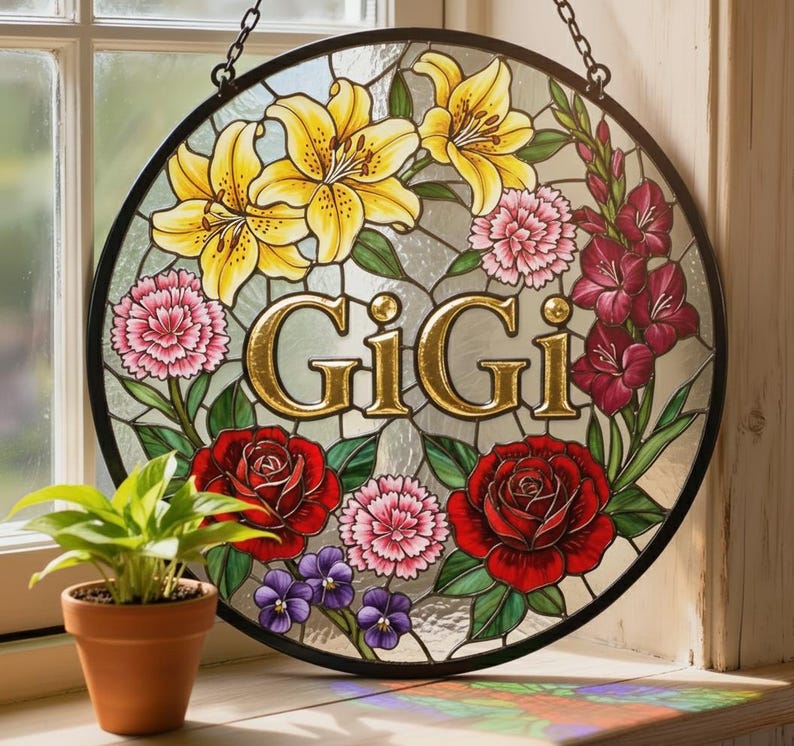 Personalized Floral Stained Glass Suncatcher, Custom Flower Window Hanging Decor With Name, Gift for Mom Grandma Nana