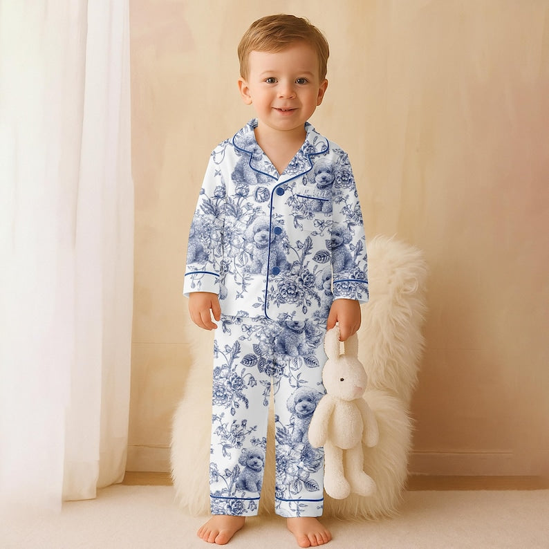 Custom Pet Portrait Chinoiserie Pajamas Set, Personalized Dog Face Pajama, Pet Lover Gift, Blue Toile Dog Photo Pajamas, Dog Breed Pjs Pants