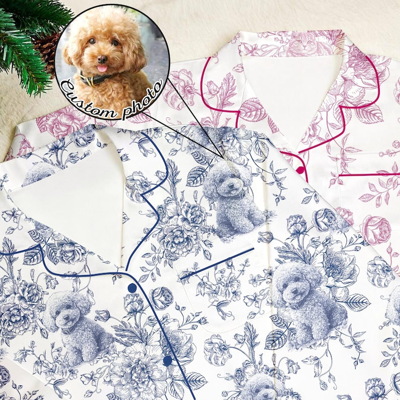 Custom Pet Portrait Chinoiserie Pajamas Set, Personalized Dog Face Pajama, Pet Lover Gift, Blue Toile Dog Photo Pajamas, Dog Breed Pjs Pants
