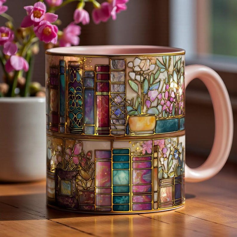 Printed Faux Stained Glass Bookshelf Mug, Book Lover Coffee Cup, Floral Library Art Mug, Reader Gift, Aesthetic Bookish Mug