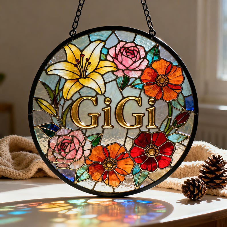 Personalized Stained Glass Sun Catcher, Custom Floral Name Sign, Hanging Window Decor, Gift for Mom Grandma, Mothers Day Gift