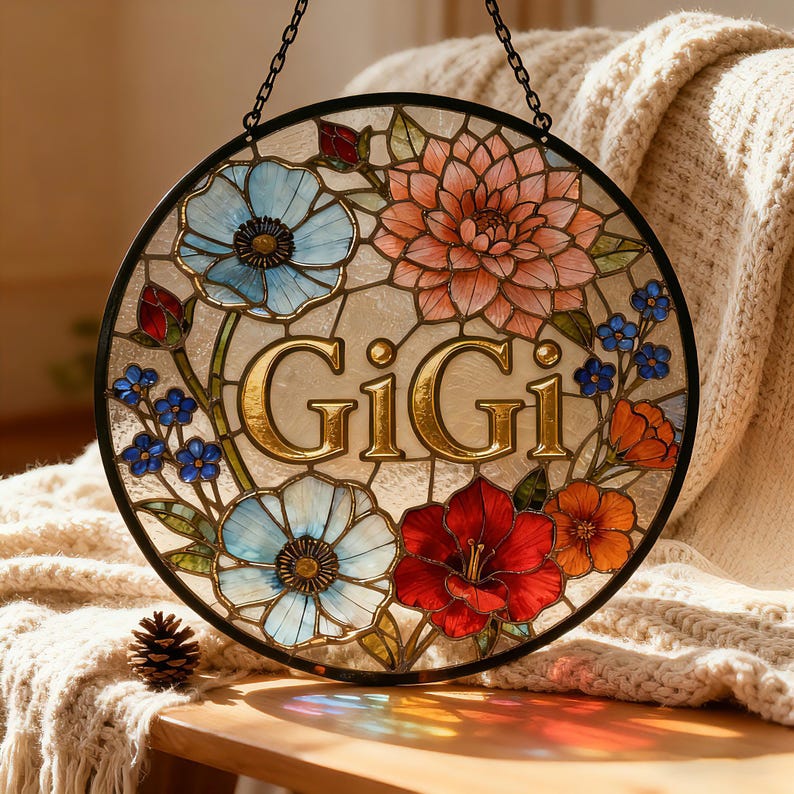 Personalized Stained Glass Sun Catcher, Custom Floral Name Sign, Hanging Window Decor, Gift for Mom Grandma, Mothers Day Gift