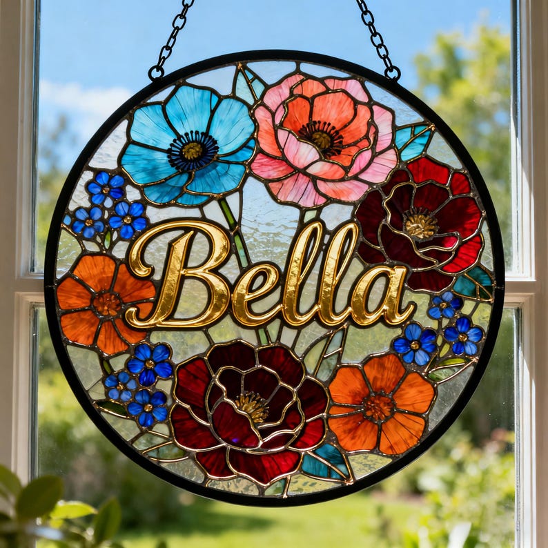 Personalized Stained Glass Sun Catcher, Custom Floral Name Sign, Hanging Window Decor, Gift for Mom Grandma, Mothers Day Gift