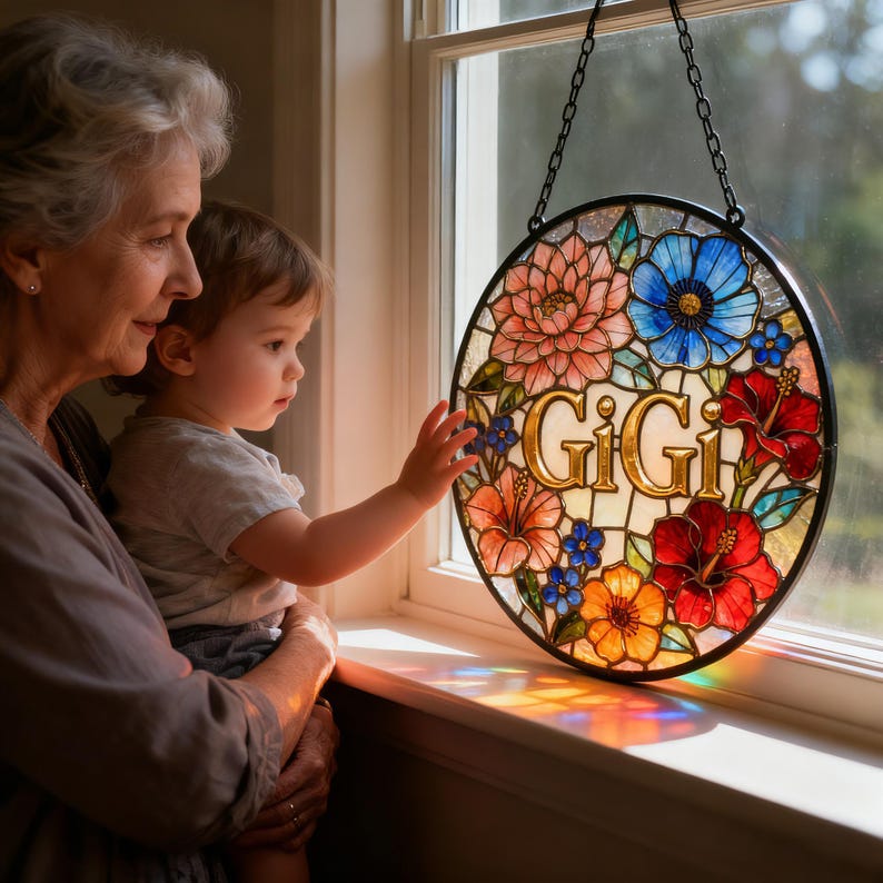 Personalized Stained Glass Sun Catcher, Custom Floral Name Sign, Hanging Window Decor, Gift for Mom Grandma, Mothers Day Gift