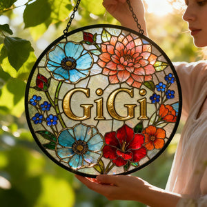 Personalized Stained Glass Sun Catcher, Custom Floral Name Sign, Hanging Window Decor, Gift for Mom Grandma, Mothers Day Gift