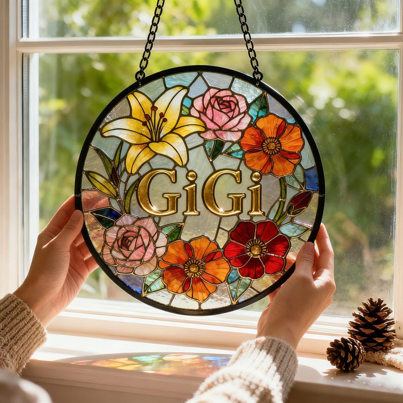 Personalized Stained Glass Sun Catcher, Custom Floral Name Sign, Hanging Window Decor, Gift for Mom Grandma, Mothers Day Gift