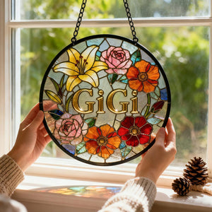 Personalized Stained Glass Sun Catcher, Custom Floral Name Sign, Hanging Window Decor, Gift for Mom Grandma, Mothers Day Gift