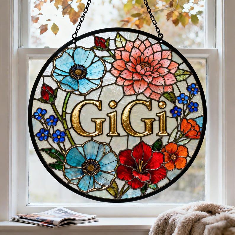 Personalized Stained Glass Sun Catcher, Custom Floral Name Sign, Hanging Window Decor, Gift for Mom Grandma, Mothers Day Gift