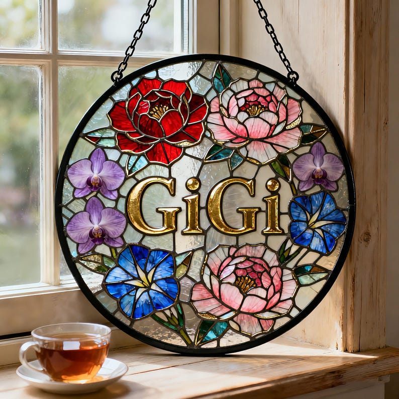 Personalized Stained Glass Sun Catcher, Custom Floral Name Sign, Hanging Window Decor, Gift for Mom Grandma, Mothers Day Gift