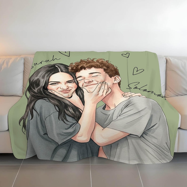 Personalized Photo Blanket,Couple Watercolor Picture Blanket With Text Throw,Besties Gift,Anniversary Gift,Family Portrait Blanket,Xmas Gift