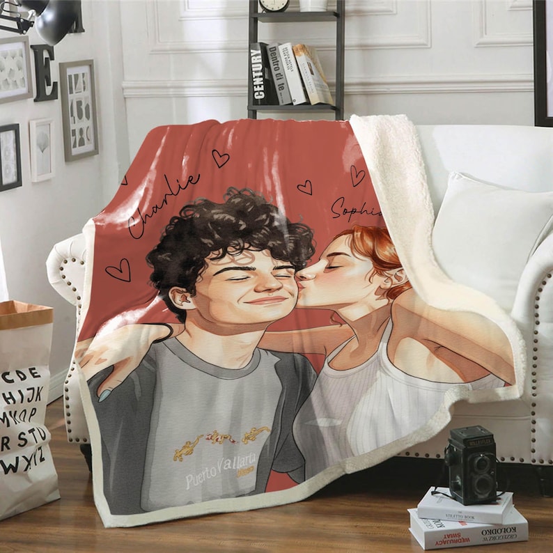 Personalized Photo Blanket,Couple Watercolor Picture Blanket With Text Throw,Besties Gift,Anniversary Gift,Family Portrait Blanket,Xmas Gift