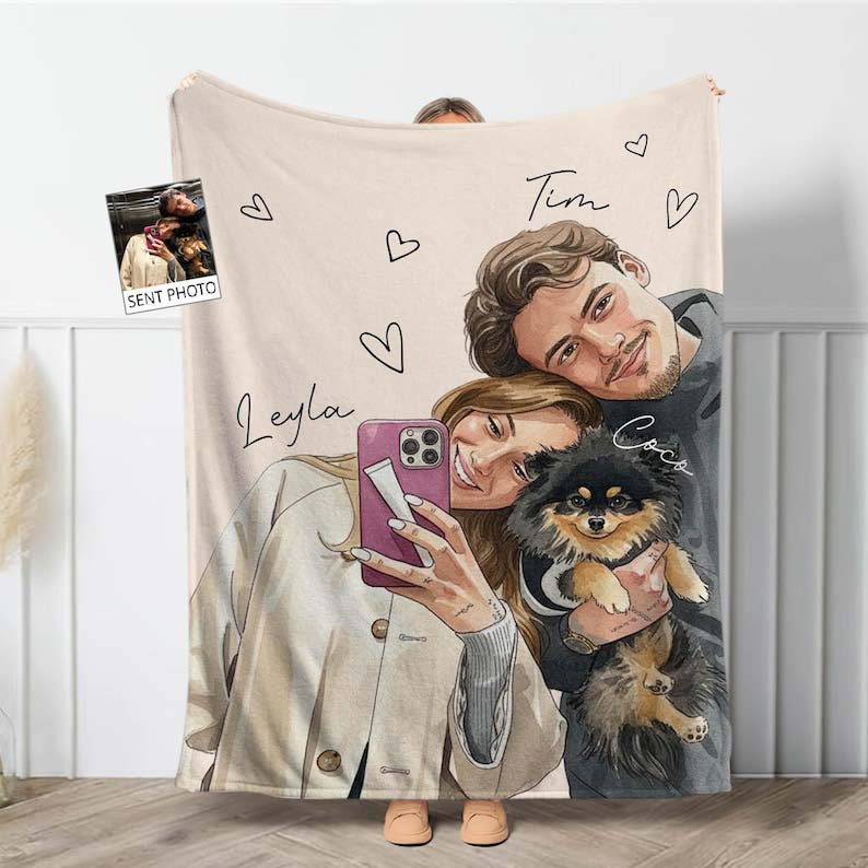Personalized Photo Blanket,Couple Watercolor Picture Blanket With Text Throw,Besties Gift,Anniversary Gift,Family Portrait Blanket,Xmas Gift