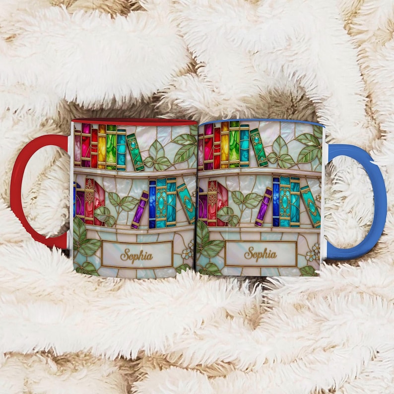 Personalized Stained Glass Bookshelf Print Ceramic Mug Custom Book Lover Gift