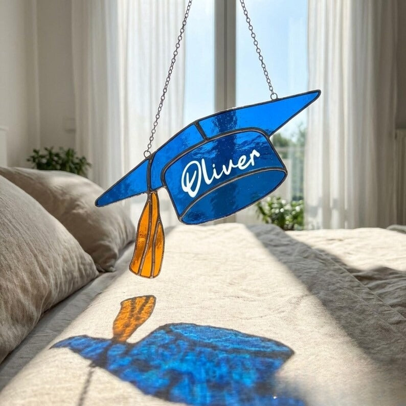 Personalized Graduation Cap Stained Glass Suncatcher, Custom Name Handmade Grad Glass Window Hanging Gift
