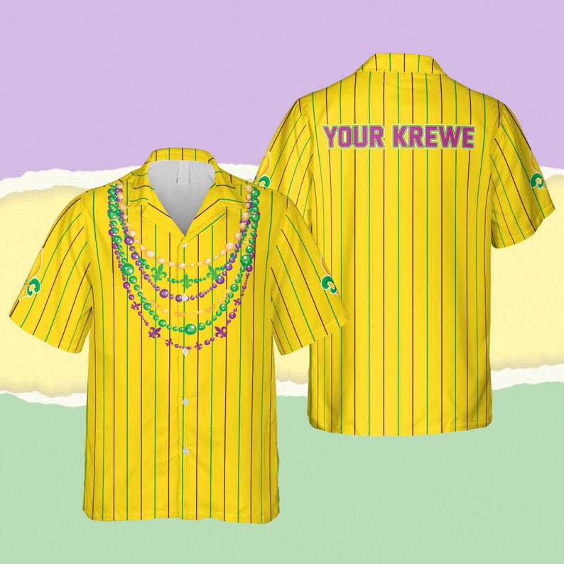 Custom Mardi Gras Hawaiian Shirt With Krewe Name, Beads Necklace Fleur De Lis Carnival Button Up, Louisiana Parade Shirt, Fat Tuesday Gift