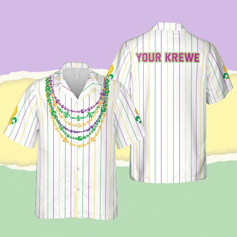Custom Mardi Gras Hawaiian Shirt With Krewe Name, Beads Necklace Fleur De Lis Carnival Button Up, Louisiana Parade Shirt, Fat Tuesday Gift