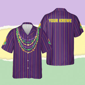 Custom Mardi Gras Hawaiian Shirt With Krewe Name, Beads Necklace Fleur De Lis Carnival Button Up, Louisiana Parade Shirt, Fat Tuesday Gift