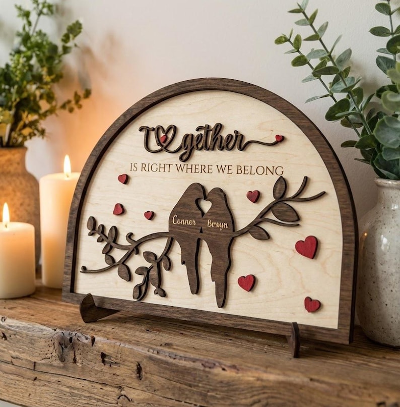 Personalized Wooden Couple Sign, Together Is Right Where We Belong, Custom Name Wood Decor, Wedding & Anniversary Gift