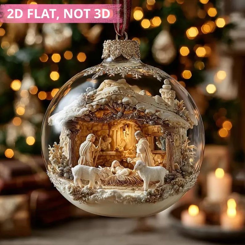 Nativity Scene 2D FLAT ORNAMENT, Holy Family Christmas Decor, Blessed Manger Glass Ball Ornament Gift