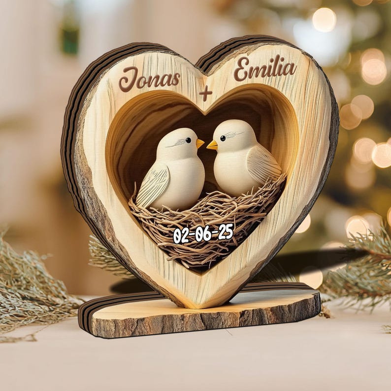 Personalized Lovebirds Wooden Heart, Custom Anniversary Gift