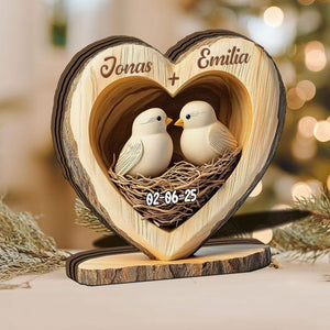 Personalized Lovebirds Wooden Heart, Custom Anniversary Gift