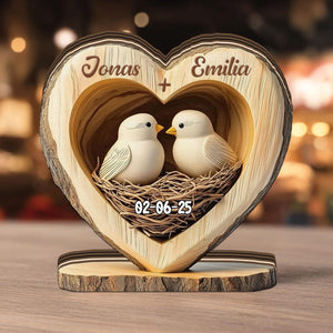 Personalized Lovebirds Wooden Heart, Custom Anniversary Gift