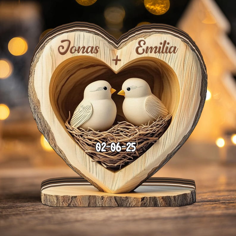 Personalized Lovebirds Wooden Heart, Custom Anniversary Gift