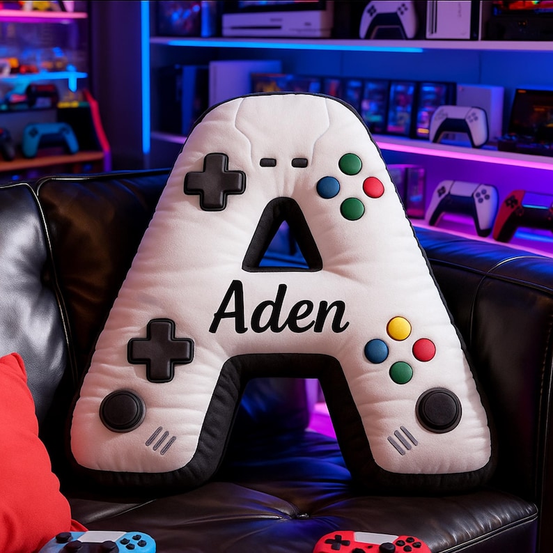 Personalized Game Letter Pillow: Custom Initial Pillow With Name,Controller Alphabet Pillow for Game Lovers,Christmas Gift for Kids