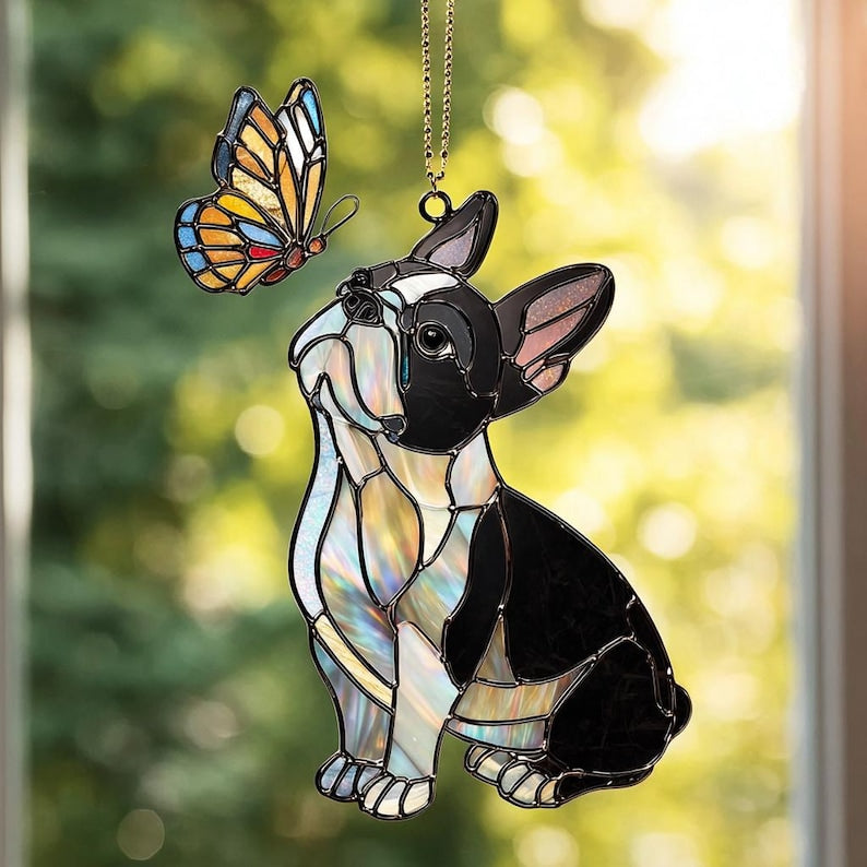 Boston Terrier & Butterfly Suncatcher: Hologram Window Hanging