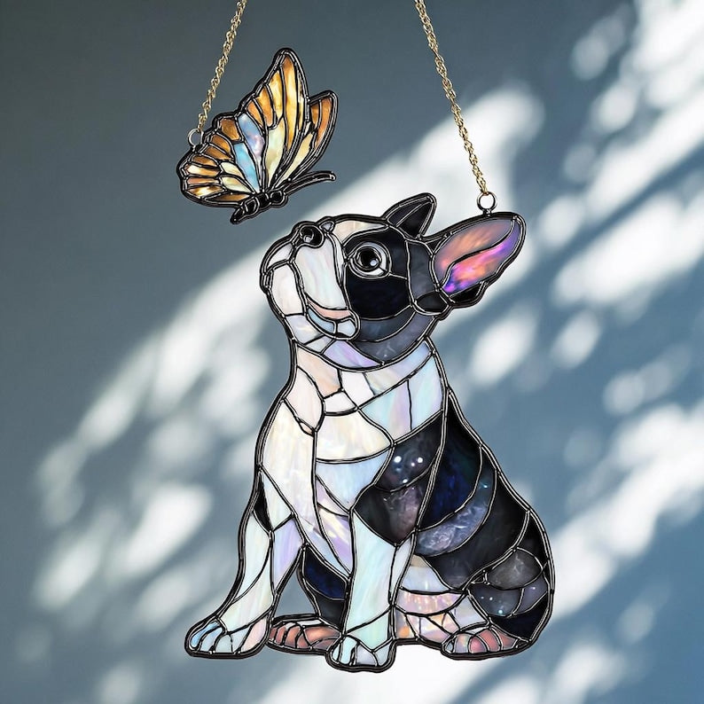 Boston Terrier & Butterfly Suncatcher: Hologram Window Hanging