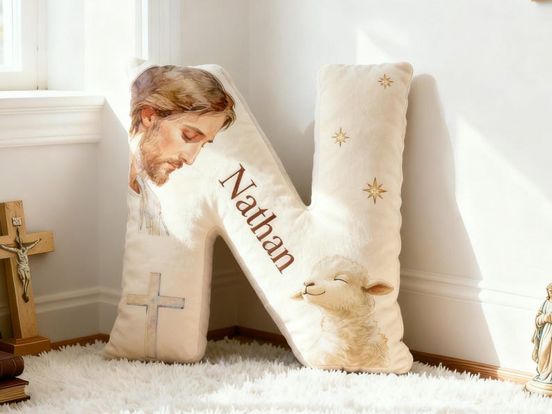 Custom Jesus Pillow,Personalized Initial Christ Decor,Letter Cushion for Nursery,Easter Gift for Christian