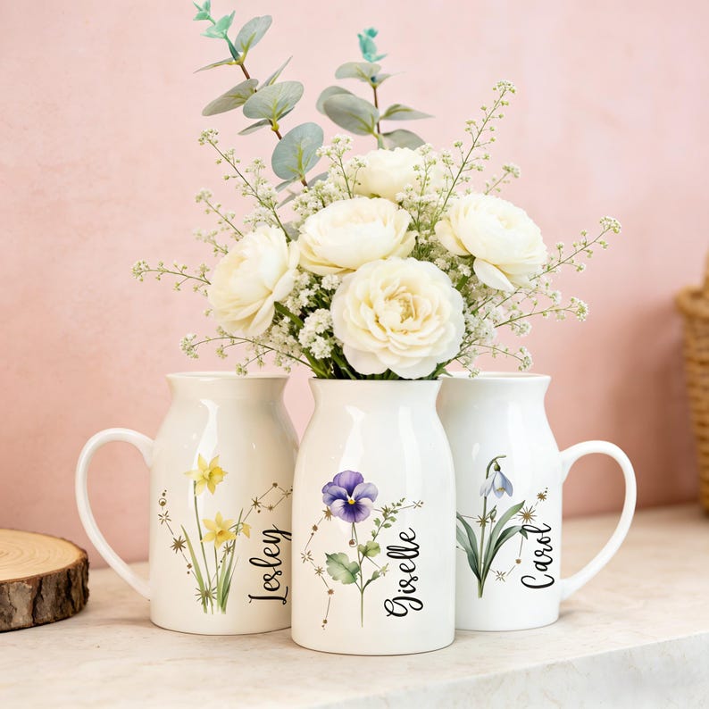 Personalized Birth Flower Ceramic Vase, Zodiac Sign Gift for Mom,Mothers Day Gift,Grandma Gift