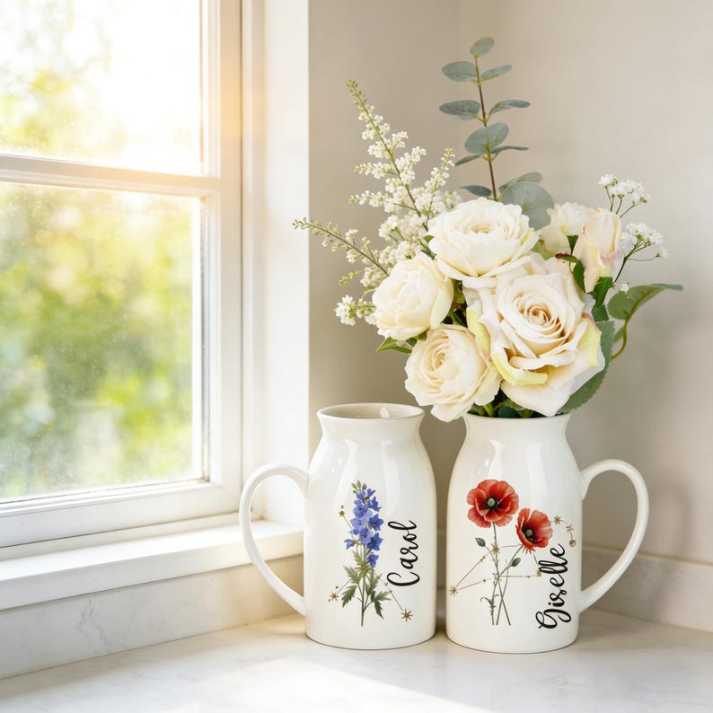 Personalized Birth Flower Ceramic Vase, Zodiac Sign Gift for Mom,Mothers Day Gift,Grandma Gift