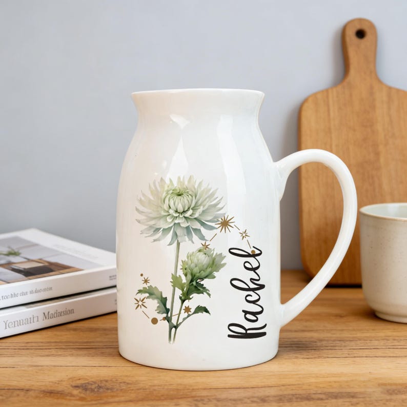 Personalized Birth Flower Ceramic Vase, Zodiac Sign Gift for Mom,Mothers Day Gift,Grandma Gift