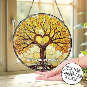 Personalized 50th Anniversary Stained Glass, Tree of Life Suncatcher, Golden Anniversary Gift, Valentine Gift, Wedding Gift