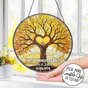 Personalized 50th Anniversary Stained Glass, Tree of Life Suncatcher, Golden Anniversary Gift, Valentine Gift, Wedding Gift