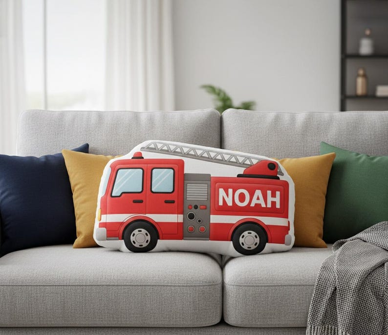 Personalized Fire Truck Plush Pillow: Custom Name Print, Red Ladder Shape Cushion