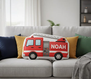 Personalized Fire Truck Plush Pillow: Custom Name Print, Red Ladder Shape Cushion