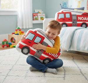 Personalized Fire Truck Plush Pillow: Custom Name Print, Red Ladder Shape Cushion