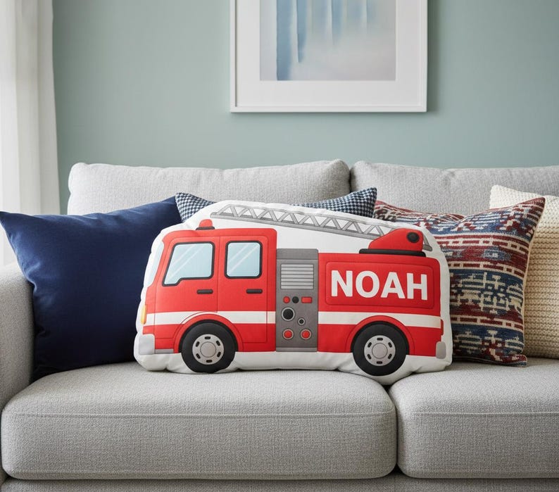 Personalized Fire Truck Plush Pillow: Custom Name Print, Red Ladder Shape Cushion