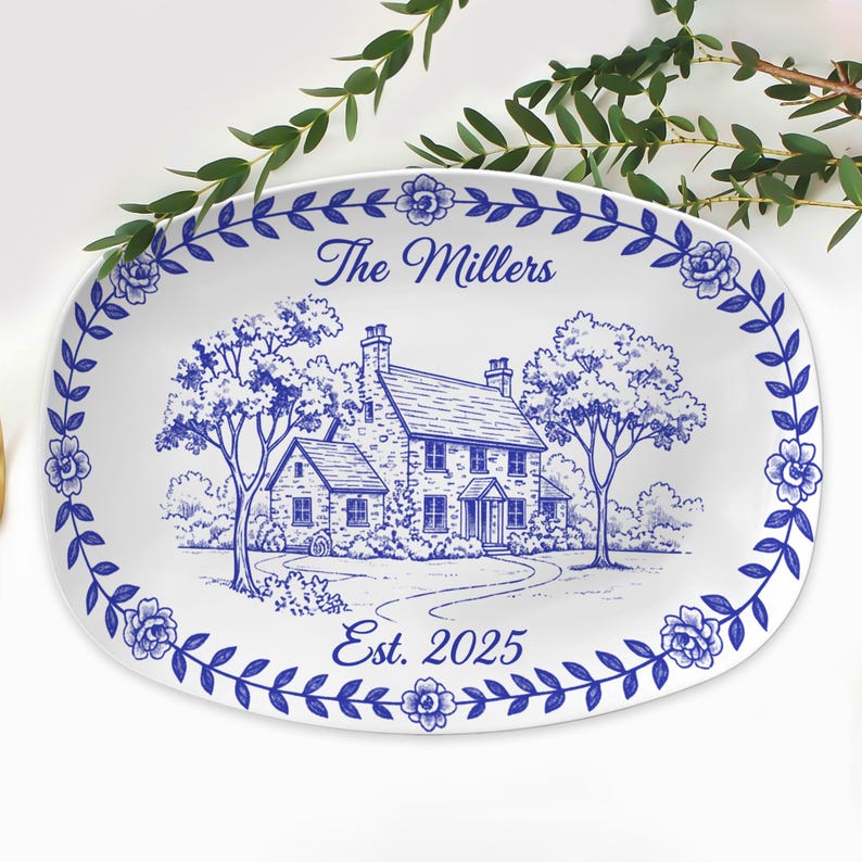 Custom House Photo Platter: Personalized Chinoiserie Style Plate Decor