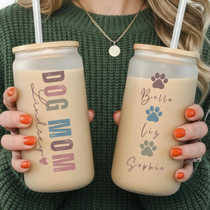 Custom Dog Mom Glass Cup Pet Mom Gift Dog Lover Cup Dog Paws Cup Simple Dog Mom Iced Coffee Cup Personalized Dog Mom Frosted Cup Dog Names
