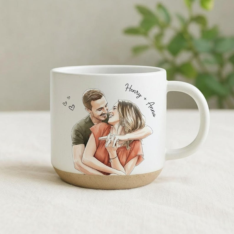 Personalized Couple Photo Pottery Mug, Custom Watercolor Portrait Mug, Boyfriend Girlfriend Gift, Gift for him