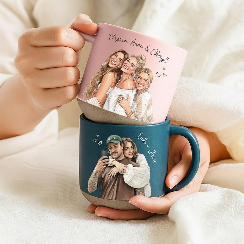 Personalized Couple Photo Pottery Mug, Custom Watercolor Portrait Mug, Boyfriend Girlfriend Gift, Gift for him